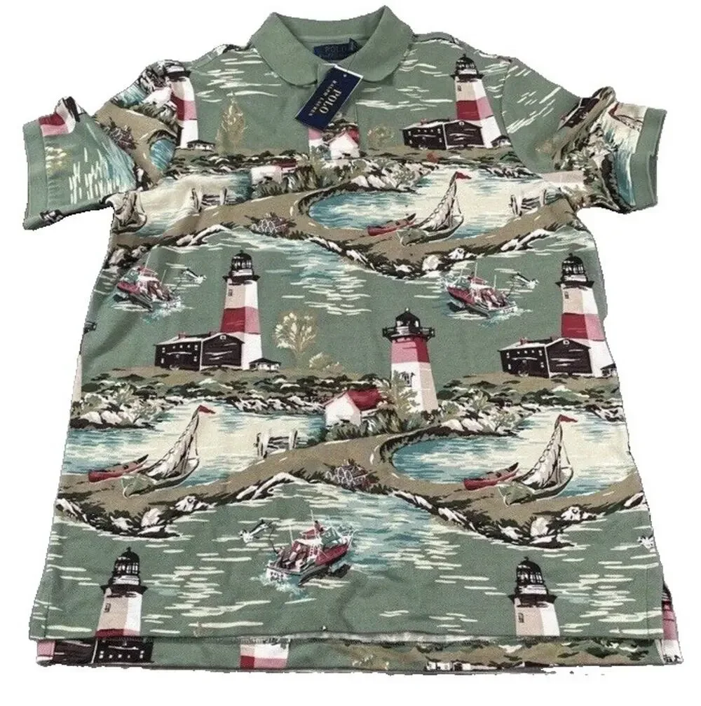NWT Polo Ralph Lauren Mens Green Lighthouse Ship AOP Print Polo Shirt Sz Medium